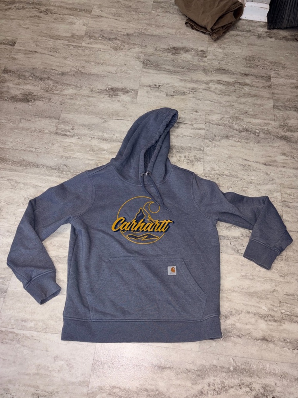 Carhartt Blue Pullover Hoodie with Yellow Logo